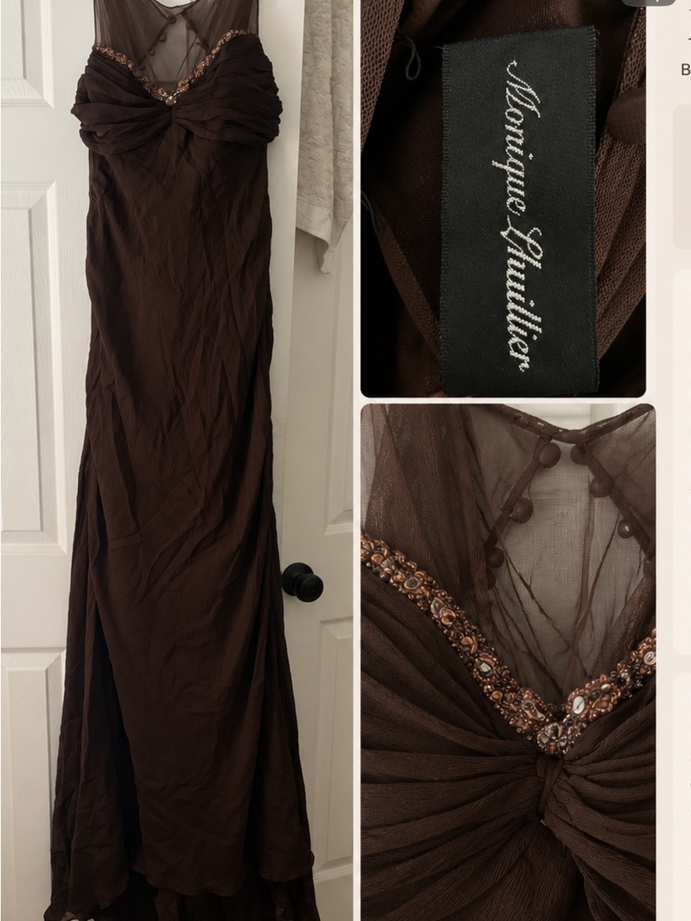 Monique Lhuillier Chocolate Brown Beaded Maxi Dress